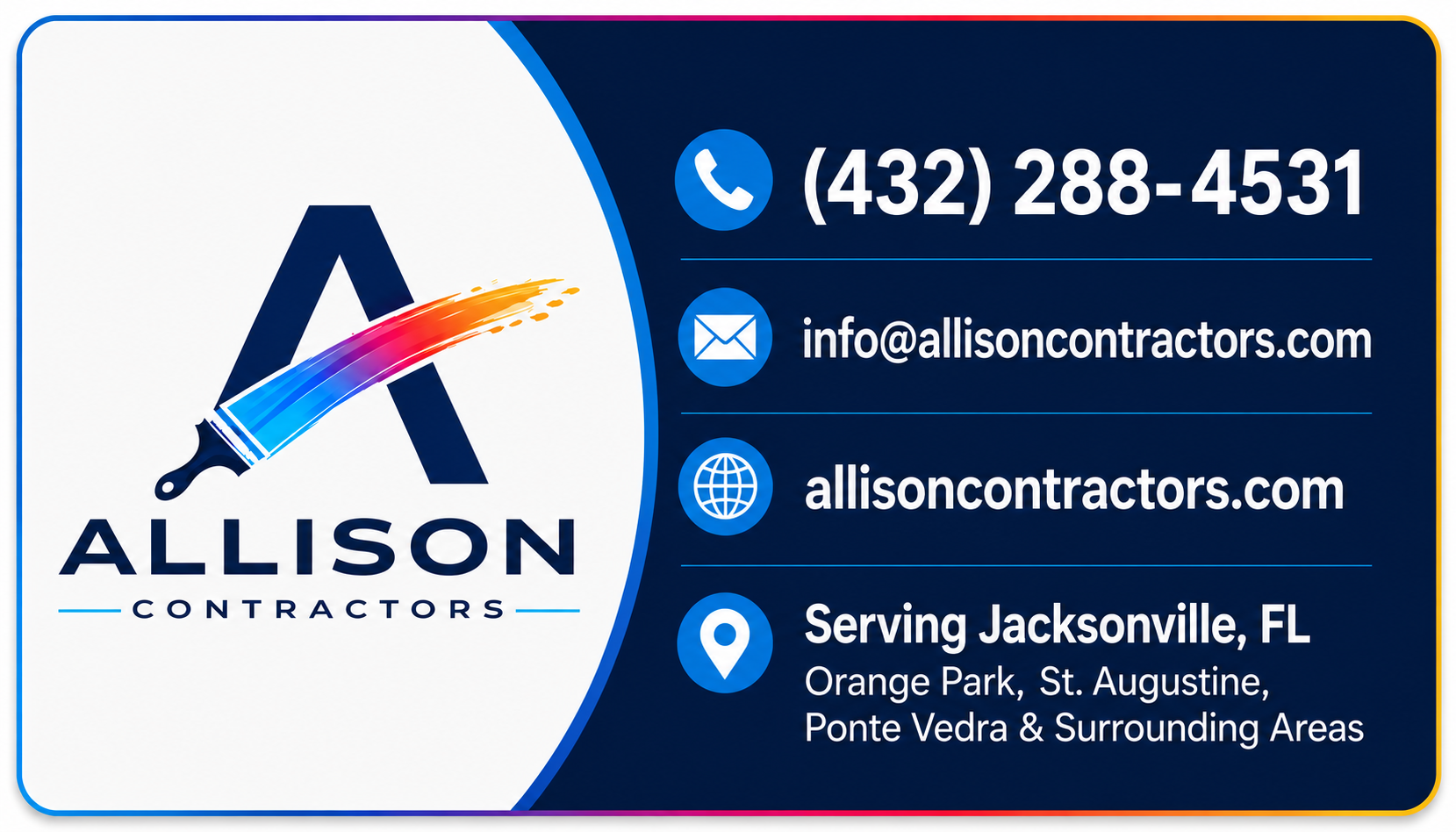 Allison Contractors contact card: phone (432) 288-4531, info@allisoncontractors.com, serving Jacksonville, Orange Park, St. Augustine and Ponte Vedra